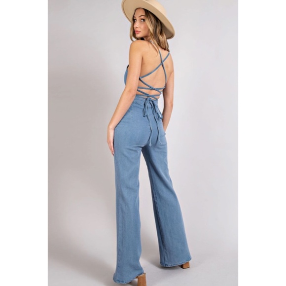 SOLD OUT Denim Blue Mineral Washed Solid Open Back Tie Boho Flared Jumpsuit - Picture 4 of 6